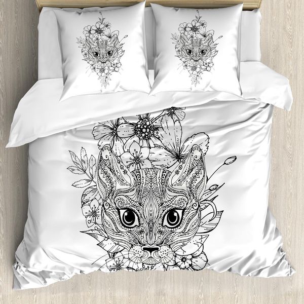 Abakuhaus Copripiumino Gatto, Disegno Gatto Realizzato A Mano, Antiacaro, Adatto A Chi Soffre Di Allergie, Con Federe, 200 Cm X 200 Cm - 80 X 80 Cm, Bianco E Nero-image