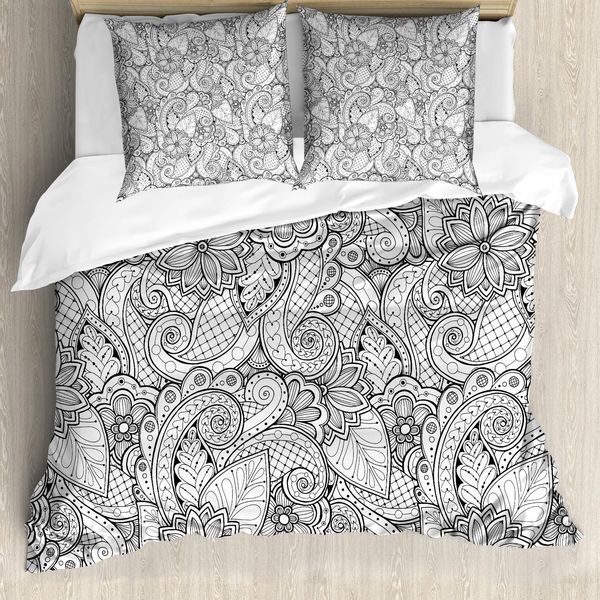 Abakuhaus Copripiumino Etnico, Monochrome Doodle Flora, Antiacaro E Anallergico Con Federe, 155 Cm X 220 Cm - 80 X 80 Cm, Bianco E Nero-image