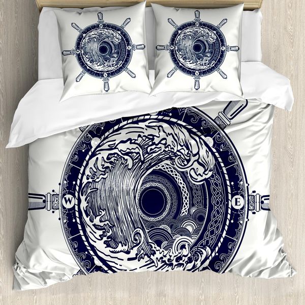 Abakuhaus Copripiumino Avventura, Sea Compass Tsunami, Antiacaro, Adatto A Chi Soffre Di Allergie, Con Federe, 155 Cm X 220 Cm - 80 X 80 Cm, Blu Scuro E Bianco-image