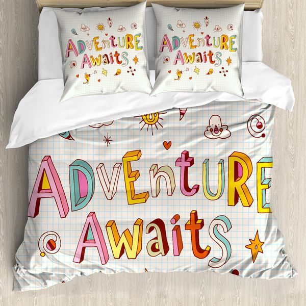 Abakuhaus Copripiumino Avventura, Parole Doodle Cartoon, Antiacaro, Adatto A Chi Soffre Di Allergie, Con Federe, 155 Cm X 220 Cm - 80 X 80 Cm, Multicolore-image