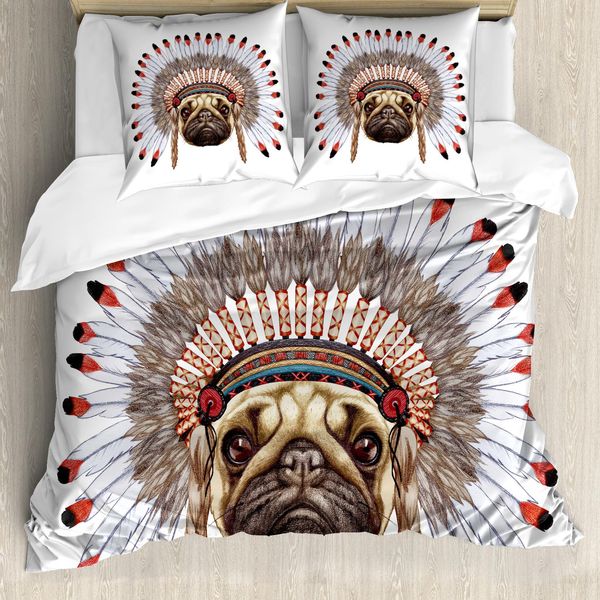 Abakuhaus Copripiumino Mops, Native Style Bonnet Dog, Antiacaro, Adatto A Chi Soffre Di Allergie, Con Federe, 200 Cm X 200 Cm - 80 X 80 Cm, Rosso, Nero, Marrone Chiaro-image