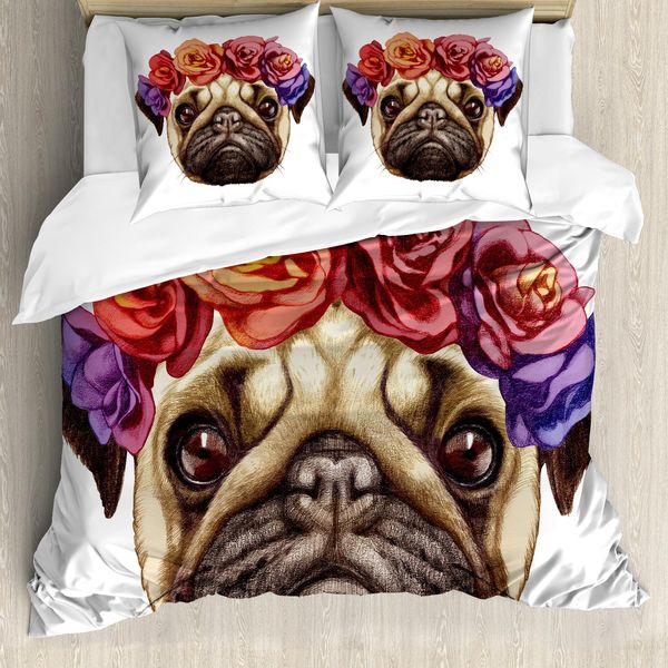 Abakuhaus Copripiumino Mops, Corona Di Fiori Fun, Antiacaro, Adatto A Chi Soffre Di Allergie, Con Federe, 200 Cm X 200 Cm - 80 X 80 Cm, Marrone Chiaro, Viola, Rosso.-image