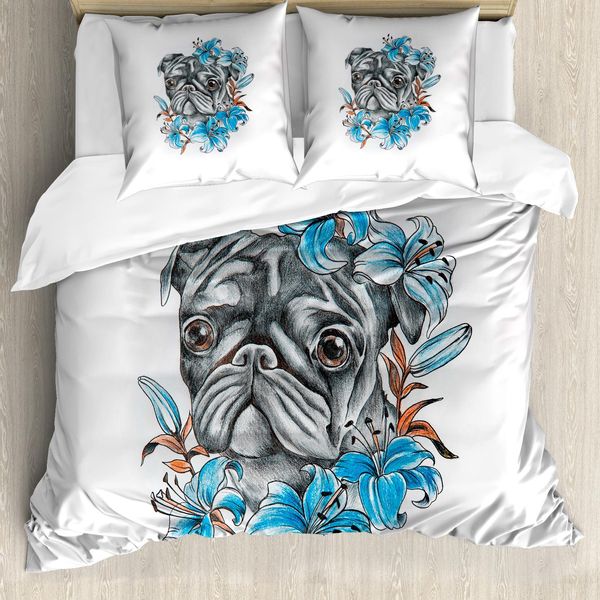 Abakuhaus Copripiumino Mops, Cane Divertente Con Fiori, Antiacaro, Adatto A Chi Soffre Di Allergie, Con Federe, 155 Cm X 220 Cm - 80 X 80 Cm, Grigio Verde Acqua-image
