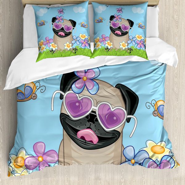 Abakuhaus Copripiumino Mops, Cuccioli Su Un Campo Fiorito, Antiacaro, Adatto A Chi Soffre Di Allergie, Con Federe, 155 Cm X 220 Cm - 80 X 80 Cm, Blu Cielo Multicolore-image