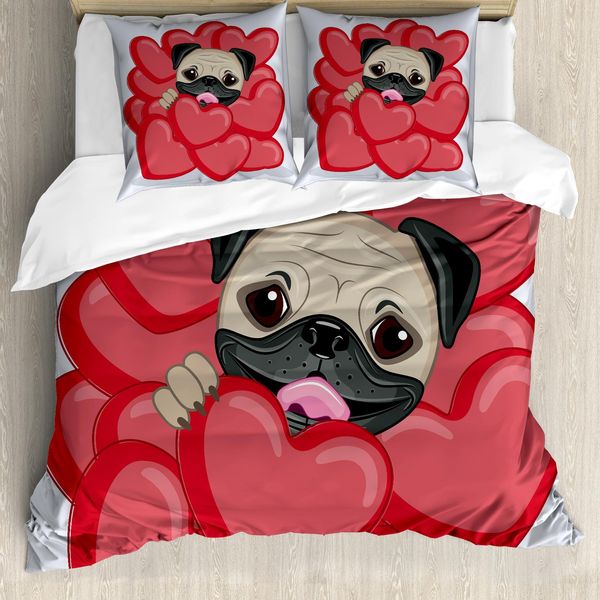 Abakuhaus Copripiumino Mops, Valentines Inspired Dog, Antiacaro, Adatto A Chi Soffre Di Allergie, Con Federe, 155 Cm X 220 Cm - 80 X 80 Cm, Rosso, Nero, Marrone Chiaro-image