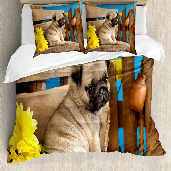 Abakuhaus Copripiumino Mops, Fotografia Di Cuccioli Su Panchina, Antiacaro, Adatto A Chi Soffre Di Allergie, Con Federe, 155 Cm X 220 Cm - 80 X 80 Cm, Marrone Chiaro Giallo Blu-image