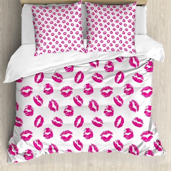 Abakuhaus Copripiumino Kuss, Rossetto Dai Colori Vivaci, Antiacaro E Anallergico Con Federe, 155 Cm X 220 Cm - 80 X 80 Cm, Fucsia Bianco-image