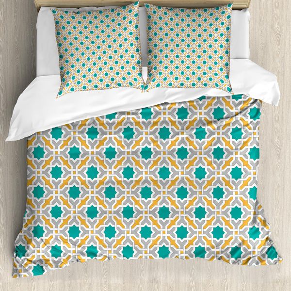 Abakuhaus Set Copripiumino Teal Per Letti Matrimoniali, Design Orientale, Antiacaro, Adatto A Chi Soffre Di Allergie, Con Federe, Senape Teal Grigio-image