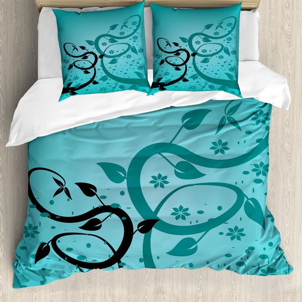 Abakuhaus Copripiumino Teal, Motivi Floreali Intrecciati, Antiacaro, Adatto A Chi Soffre Di Allergie, Con Federe, 155 Cm X 220 Cm - 80 X 80 Cm, Turchese Nero-image