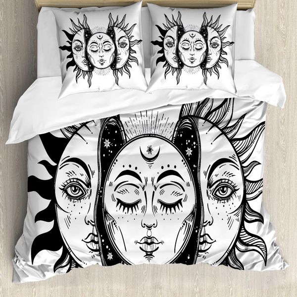 Abakuhaus Copripiumino Luna, Sole E Luna Monocromatici, Antiacaro, Adatto A Chi Soffre Di Allergie, Con Federe, 200 Cm X 200 Cm - 80 X 80 Cm, Bianco E Nero-image