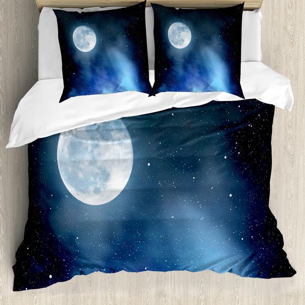 Abakuhaus Copripiumino Luna, Cielo Stellato, Luna Piena, Antiacaro, Adatto A Chi Soffre Di Allergie, Con Federe, 155 Cm X 220 Cm - 80 X 80 Cm, Nero, Blu, Bianco-image