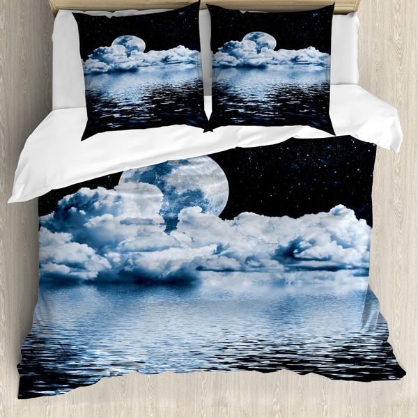 Abakuhaus Copripiumino Luna, Set Luna Sopra Le Nuvole, Antiacaro, Adatto A Chi Soffre Di Allergie, Con Federe, 200 Cm X 200 Cm - 80 X 80 Cm, Nero Blu Bianco-image