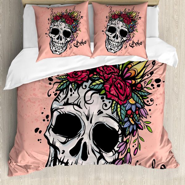 Abakuhaus Copripiumino Rose, Corona Di Fiori Boho Con Teschi, Antiacaro E Anallergico, Con Federe, 155 Cm X 220 Cm - 80 X 80 Cm, Corallo Multicolore-image