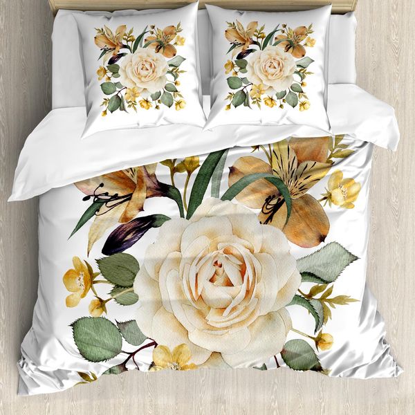 Abakuhaus Copripiumino Rose, Bouquet Da Sposa Romantico, Antiacaro, Adatto A Chi Soffre Di Allergie, Con Federe, 200 Cm X 200 Cm - 80 X 80 Cm, Arancione Pallido, Crema, Verde-image