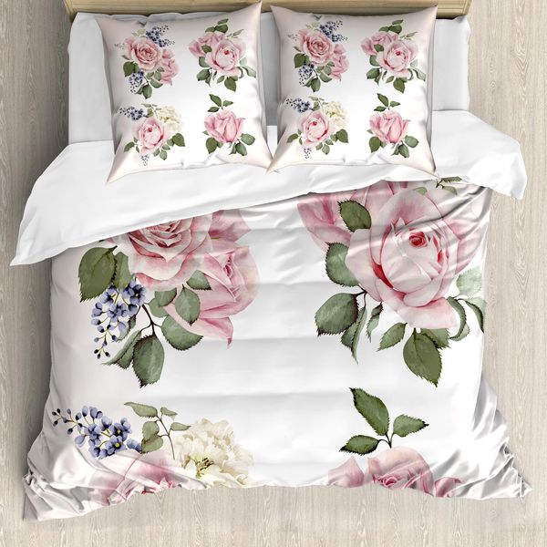 Abakuhaus Set Copripiumino Rosa Per Letti Matrimoniali, Bouquet Di Fiori Primaverili Naturale, Antiacaro Adatto A Chi Soffre Di Allergie Con Federe, Perle Rosa Chiaro Verde Reseda Viola Pastello-image