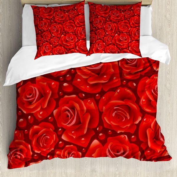 Abakuhaus Copripiumino Rose, Rose Rosse Gocce Di Pioggia, Antiacaro, Adatto A Chi Soffre Di Allergie, Con Federe, 200 Cm X 200 Cm - 80 X 80 Cm, Rubino Vermiglio-image