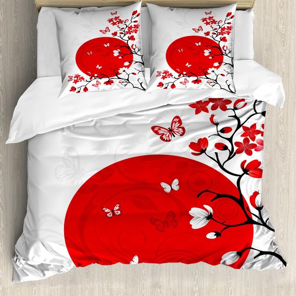 Abakuhaus Copripiumino Giapponese, Ciliegio Sakura, Antiacaro, Adatto A Chi Soffre Di Allergie, Con Federe, 155 Cm X 220 Cm - 80 X 80 Cm, Vermiglio, Nero, Bianco-image