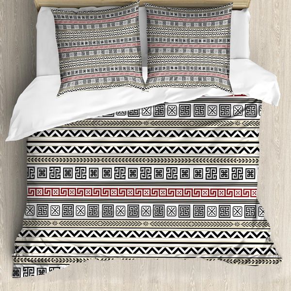 Abakuhaus Copripiumino Etnico, Motivo Geometrico, Antiacaro, Adatto A Chi Soffre Di Allergie, Con Federe, 200 Cm X 200 Cm - 80 X 80 Cm, Crema Nero Rubino-image
