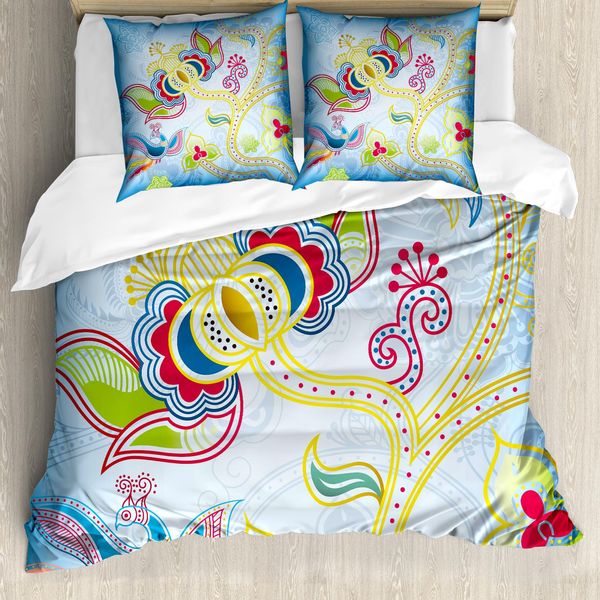 Abakuhaus Copripiumino Asiatico, Motivo Floreale Colorato, Antiacaro, Adatto A Chi Soffre Di Allergie, Con Federe, 155 Cm X 220 Cm - 80 X 80 Cm, Multicolore-image