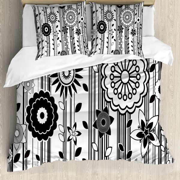 Abakuhaus Copripiumino Bianco E Nero, Fiori Funky, Antiacaro, Adatto A Chi Soffre Di Allergie, Con Federe, 155 Cm X 220 Cm - 80 X 80 Cm, Bianco E Nero-image