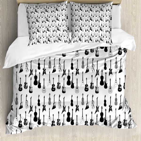 Abakuhaus Copripiumino Musicale, Design Monochrome Strings, Antiacaro E Anallergico, Con Federe, 155 Cm X 220 Cm - 80 X 80 Cm, Nero Bianco Grigio-image