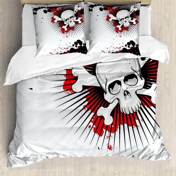 Abakuhaus Copripiumino Halloween, Teschi Grunge, Antiacaro, Adatto A Chi Soffre Di Allergie, Con Federe, 200 Cm X 200 Cm - 80 X 80 Cm, Rosso Perla Nero-image