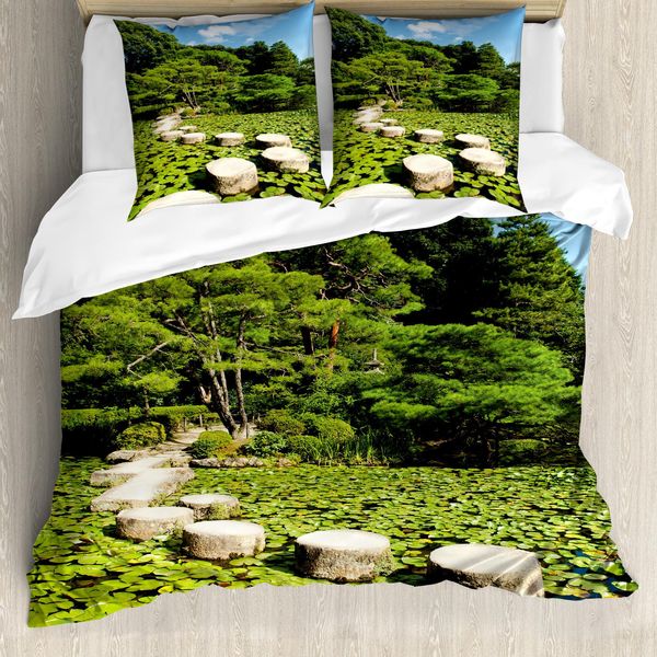 Abakuhaus Set Copripiumino Zen Per Letti Matrimoniali, Motivo Giapponese Stone Lotus, Antiacaro, Adatto A Chi Soffre Di Allergie, Con Federe, Verde Lime E Azzurro Cielo-image