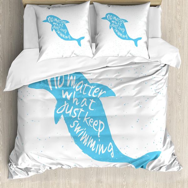 Abakuhaus Copripiumino Delfino, Mammiferi Marini Disegnati A Mano, Antiacaro, Adatto A Chi Soffre Di Allergie, Con Federe, 200 Cm X 200 Cm - 80 X 80 Cm, Azzurro Cielo E Bianco-image