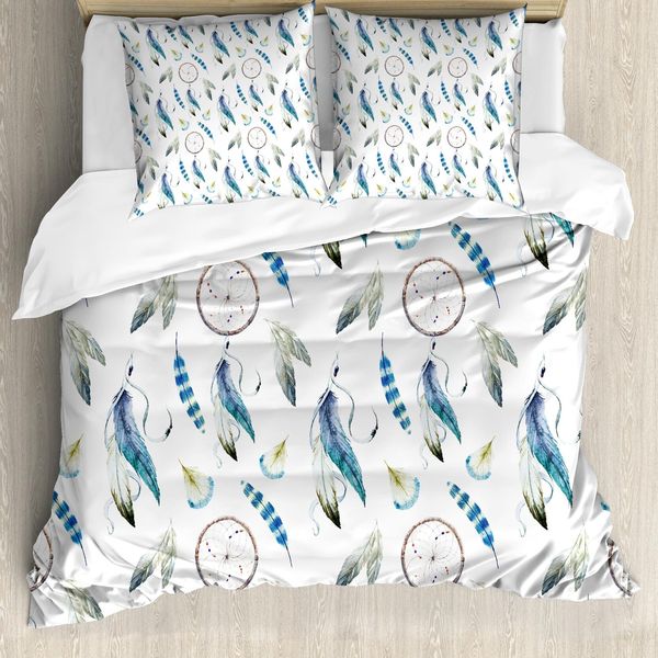 Abakuhaus Copripiumino Tribale, Aztec Tribal Feahers, Antiacaro, Adatto A Chi Soffre Di Allergie, Con Federe, 200 Cm X 200 Cm - 80 X 80 Cm, Viola Blu Verde Chiaro-image