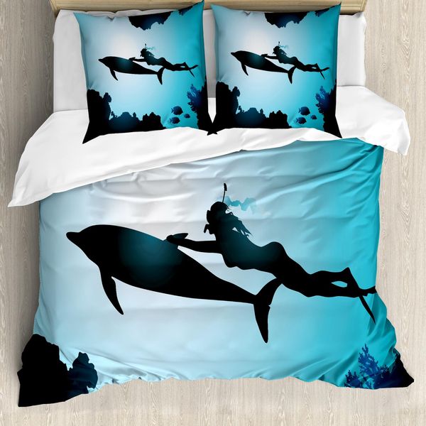 Abakuhaus Copripiumino Delfino, Ragazza Subacquea Con Delfino, Antiacaro, Adatto A Chi Soffre Di Allergie, Con Federe, 200 Cm X 200 Cm - 80 X 80 Cm, Azzurro Nero-image