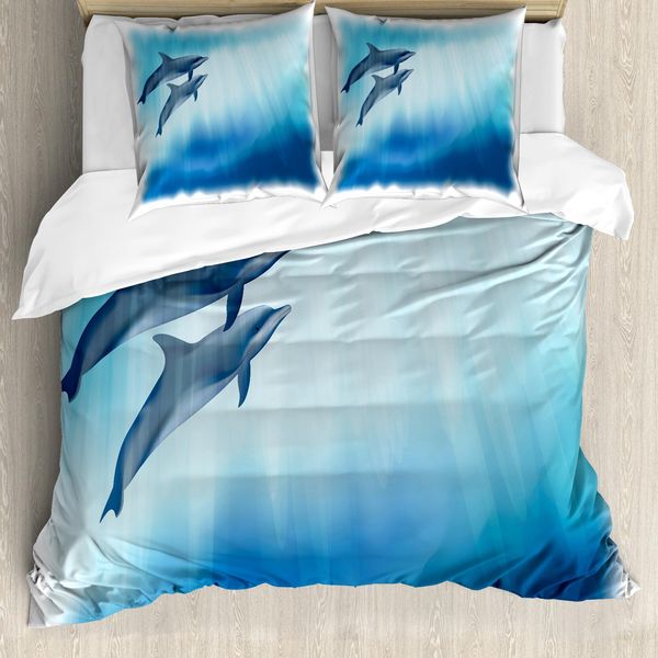 Abakuhaus Copripiumino Delfino, Scena Subacquea Pesci, Antiacaro, Adatto A Chi Soffre Di Allergie, Con Federe, 155 Cm X 220 Cm - 80 X 80 Cm, Blu Scuro E Azzurro-image