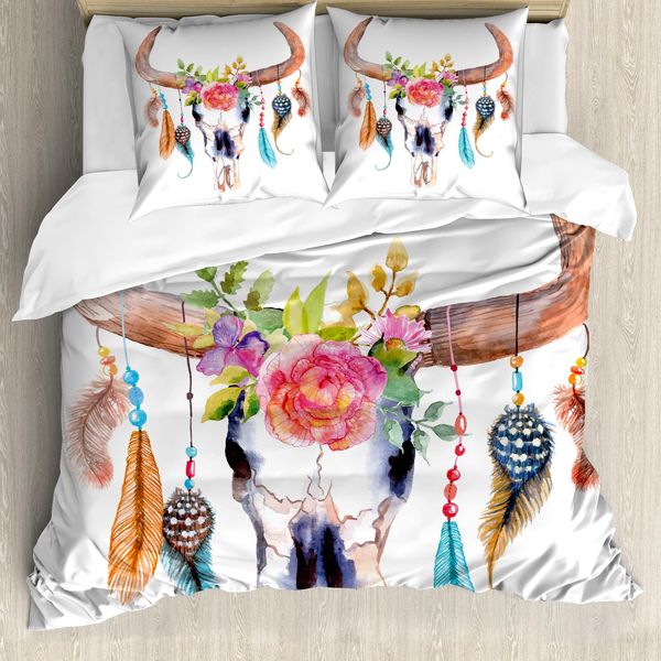 Abakuhaus Copripiumino, Teschio Di Toro, Antiacaro, Adatto A Chi Soffre Di Allergie, Con Federe, 155 Cm X 220 Cm - 80 X 80 Cm, Multicolore-image