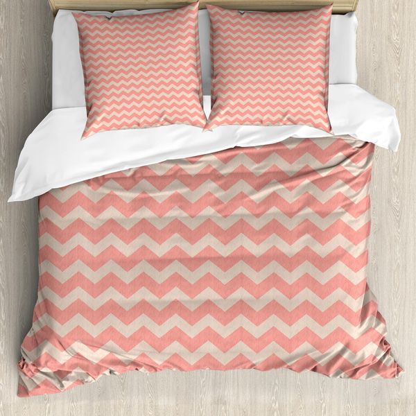 Abakuhaus Set Copripiumino Per Letti Matrimoniali, Chevron Zig Zag Vintage, Antiacaro, Adatto A Chi Soffre Di Allergie, Con Federe, Color Pesca Corallo-image