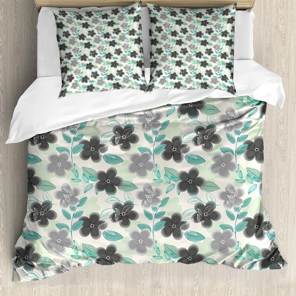 Abakuhaus Copripiumino Con Fiori, Stile Retrò Astratto E Nostalgico, Antiacaro E Anallergico, Con Federe, 155 Cm X 220 Cm - 80 X 80 Cm, Grigio Antracite E Verde Menta-image