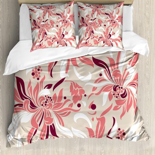 Abakuhaus Set Copripiumino Per Letti Matrimoniali, Graziosi Fiorellini Color Pastello, Antiacaro E Anallergico, Con Federe, Marrone Castagna, Beige, Rosso Corallo-image