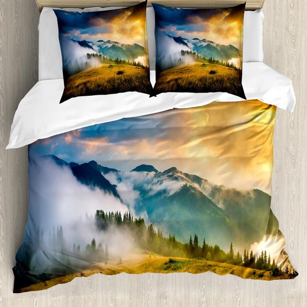 Abakuhaus Copripiumino Paesaggio, Misty Mountaintops, Antiacaro, Adatto A Chi Soffre Di Allergie, Con Federe, 200 Cm X 200 Cm - 80 X 80 Cm, Giallo, Blu, Verde-image