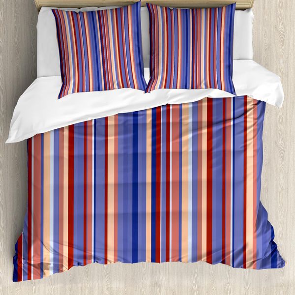 Abakuhaus Set Copripiumino Astratto Per Letti Matrimoniali, Strisce Sfumate, Antiacaro, Adatto A Chi Soffre Di Allergie, Con Federe, Blu Violetto, Salmone, Pesca, Rosso-image