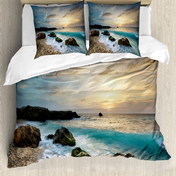 Abakuhaus Copripiumino Ocean, Seascape Alba Onde, Antiacaro Adatto A Chi Soffre Di Allergie Con Federe, 155 Cm X 220 Cm - 80 X 80 Cm, Marrone Blu Giallo-image