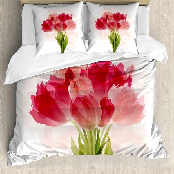 Abakuhaus Copripiumino Con Fiori, Bouquet Di Tulipani Acquerellati, Antiacaro E Anallergico, Con Federe, 200 Cm X 200 Cm - 80 X 80 Cm, Rosa Corallo Verde-image