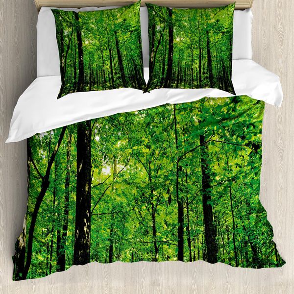 Abakuhaus Set Copripiumino Naturale Per Letti Matrimoniali, Bosco Albero Bosco Sole, Antiacaro, Adatto A Chi Soffre Di Allergie, Con Federe, Sigillo Marrone Verde Felce-image