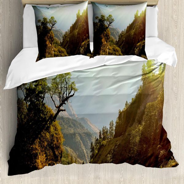 Abakuhaus Copripiumino Paesaggio, Nepal Wald Majestic, Antiacaro, Adatto A Chi Soffre Di Allergie, Con Federe, 155 Cm X 220 Cm - 80 X 80 Cm, Verde Giallo Pallido-image