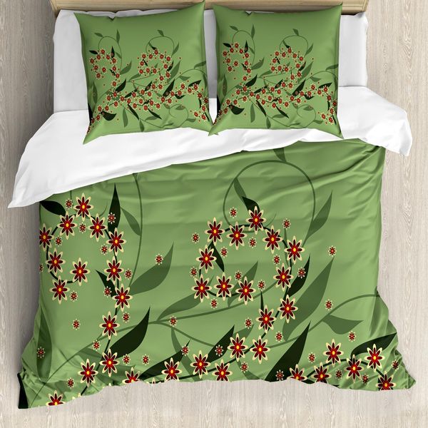 Abakuhaus Copripiumino Con Fiori, Fiori Retrò, Antiacaro, Adatto A Chi Soffre Di Allergie, Con Federe, 155 Cm X 220 Cm - 80 X 80 Cm, Oliva, Verde, Rosso-image