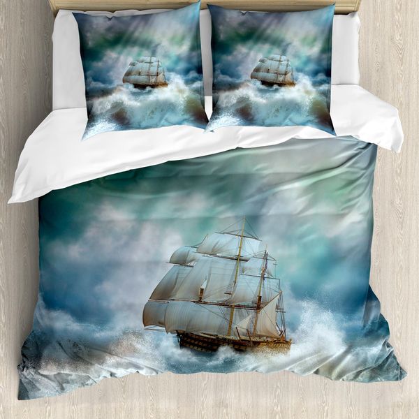 Abakuhaus Copripiumino Ocean, Nave Pirata Su Mare Mosso, Antiacaro, Adatto A Chi Soffre Di Allergie, Con Federe, 200 Cm X 200 Cm - 80 X 80 Cm, Blu, Grigio E Bianco-image