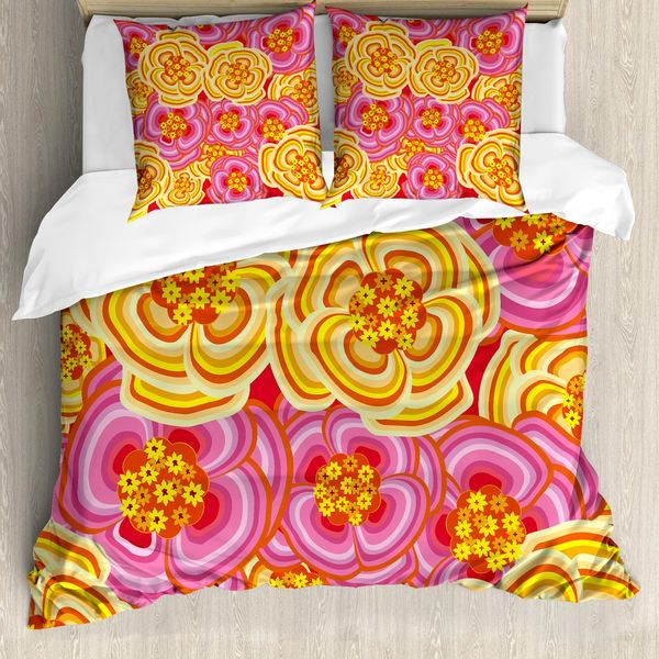 Abakuhaus Copripiumino Con Fiori, Funky Fiori Luminosi, Antiacaro Adatto A Chi Soffre Di Allergie Con Federe, 155 Cm X 220 Cm - 80 X 80 Cm, Giallo-Rosa-Arancione-image