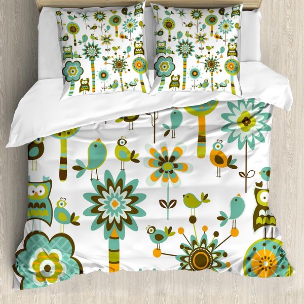 Abakuhaus Copripiumino Moderno, Uccelli Fiori Alberi, Antiacaro Adatto A Chi Soffre Di Allergie Con Federe, 200 Cm X 200 Cm - 80 X 80 Cm, Multicolore-image