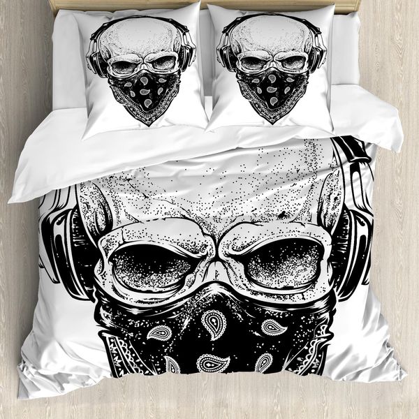 Abakuhaus Copripiumino Grunge, Cuffie Gotiche Con Teschi, Antiacaro, Adatto A Chi Soffre Di Allergie, Con Federe, 200 Cm X 200 Cm - 80 X 80 Cm, Grigio Chiaro E Nero-image