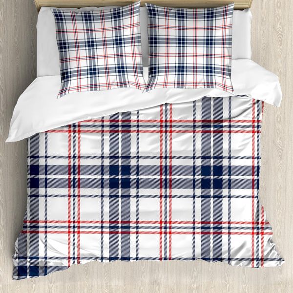 Abakuhaus Copripiumino Astratto, Motivo Tartan Inglese, Antiacaro, Adatto A Chi Soffre Di Allergie, Con Federe, 155 Cm X 220 Cm - 80 X 80 Cm, Viola Blu Arancione Bianco-image