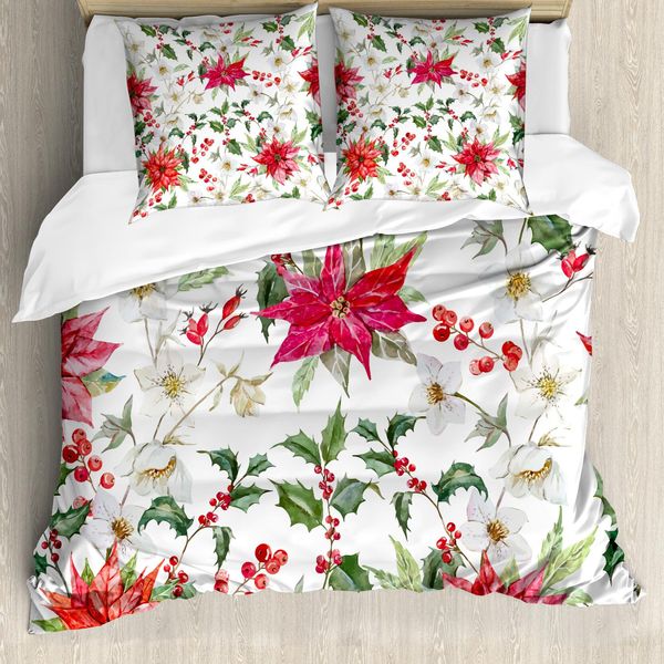 Abakuhaus Copripiumino Con Fiori, Boccioli Natalizi, Antiacaro, Adatto A Chi Soffre Di Allergie, Con Federe, 200 Cm X 200 Cm - 80 X 80 Cm, Rosa-Verde-Bianco-image
