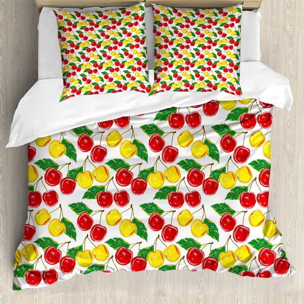 Abakuhaus Copripiuma Con Motivo Frutta, Ciliegie Colorate, Antiacaro, Adatto A Chi Soffre Di Allergie, Con Federe, 200 Cm X 200 Cm - 80 X 80 Cm, Rosso, Giallo, Verde-image