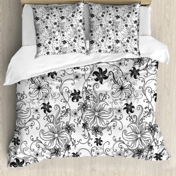Abakuhaus Copripiumino Con Fiori, Foglie Twirls Strudel Bud, Antiacaro, Adatto A Chi Soffre Di Allergie, Con Federe, 200 Cm X 200 Cm - 80 X 80 Cm, Bianco E Nero-image